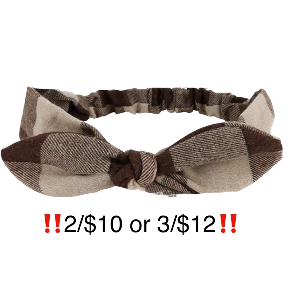 Plaid Top Bow Elastic Brown Beige Tan Brown Plaid Top Knot Stretch Headband